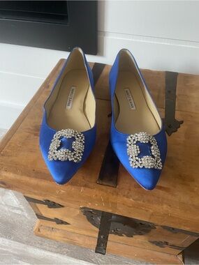 Manolo Blahnik Royal Blue Satin Pointed Flats with Crystal Buckle